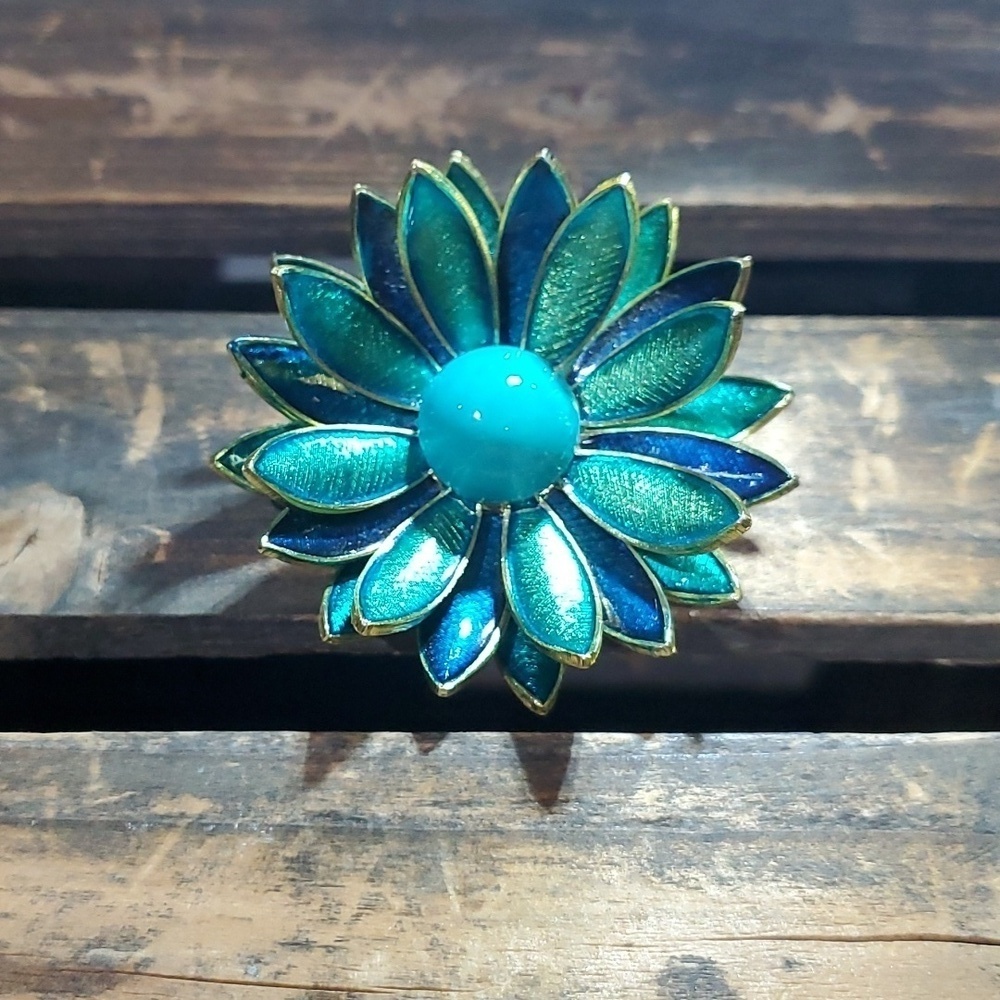 VINTAGE BLUE GREEN FLOWER BROOCH STAMPED MADE IN GERMANY